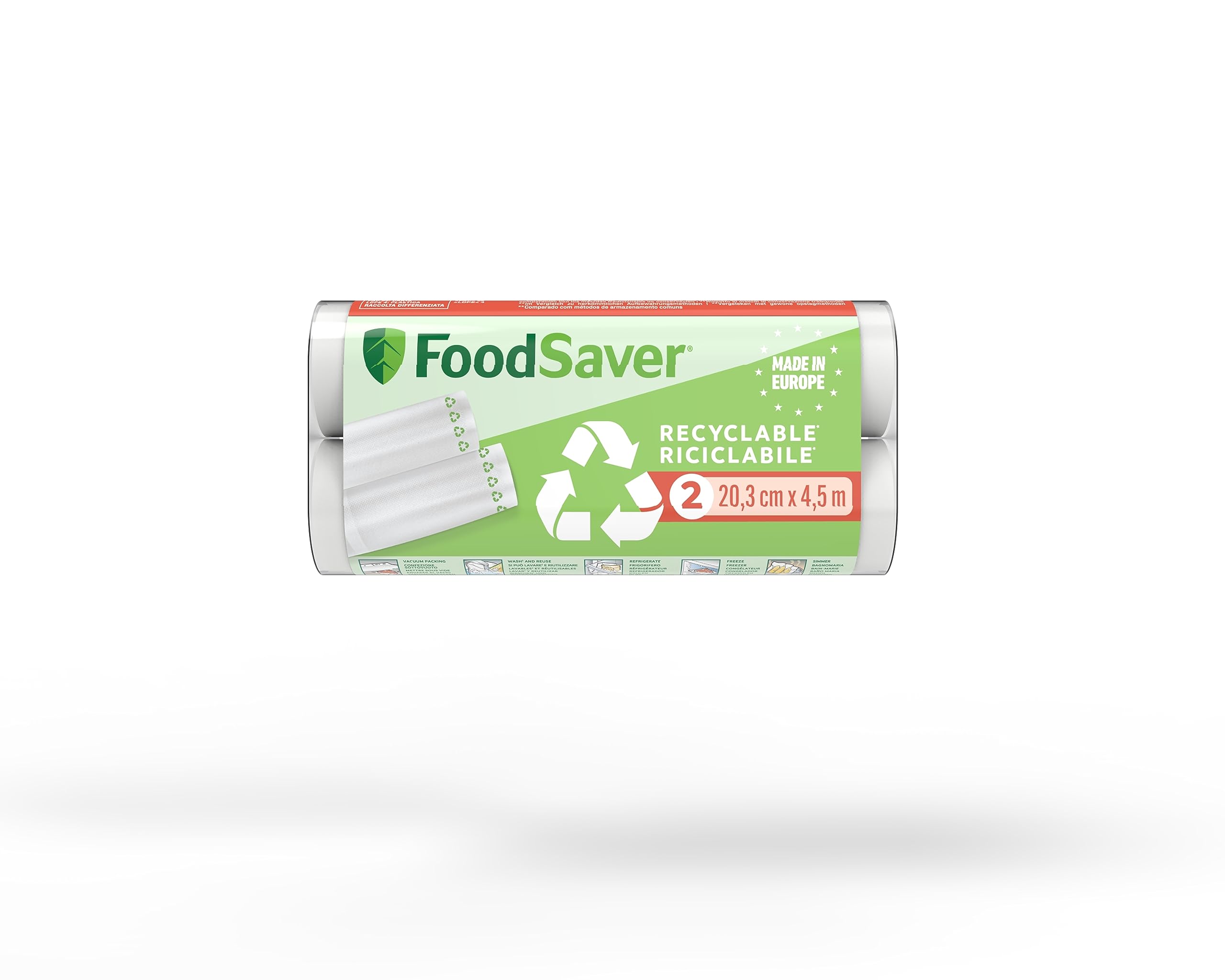 FoodSaver FSR2002X-01, Rotolo Termosigillabile 100% Riciclabile per Macchina Sottovuoto Alimenti, Lavabile, Durevole, Resistente alle Forature/Strappi, senza BPA, 20cm x 4.5m, 2 Pezzi