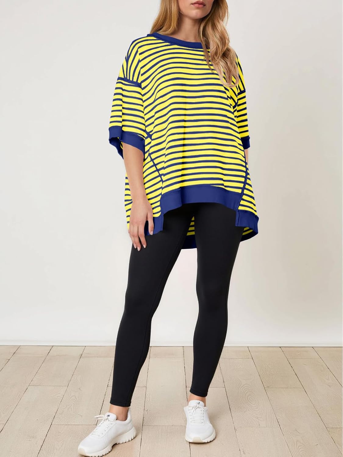 Tankaneo Womens Oversized T Shirts Striped Color Block Cotton Tops Summer Casual Half Sleeve Loose Fit Crewneck Sweatshirts - Image 4