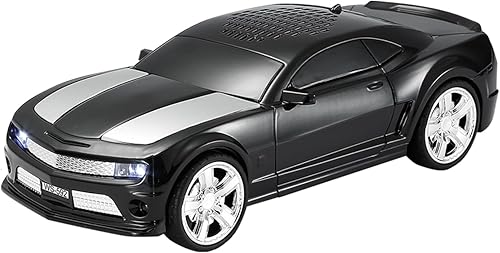 Altavoz inalámbrico portátil para modelo de coche con sonido estéreo, emparejamiento TWS, luces LED de fiesta, reproducción USB/TF/AUX, ruedas Negro