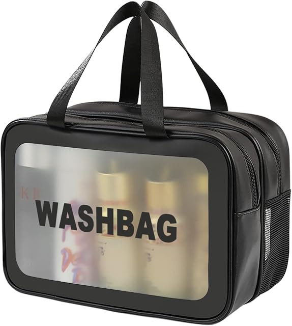 DAPOWER Sac de toilette de voyage pour les femmes et les hommes, Sac de toilettes translucides mat avec poignée manuelle, Sac d'organisateur cosmétique maquillage pour accessoires de toilettes de voyage (Noir-XL)
