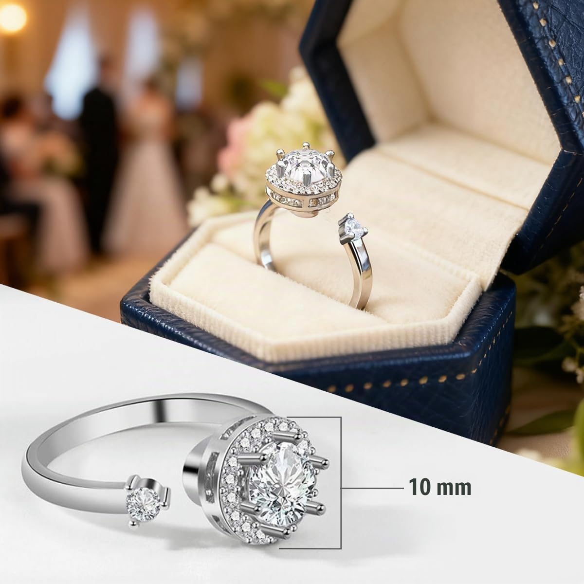 FEIKFEIZ Damen-Moissanit-Ring, 1 CT im Labor gezüchtete Diamanten, 925er Silber mit 18K Weißgold plattiert, verstellbarer Silberring, Verlobungsring, Schmuckgeschenk.