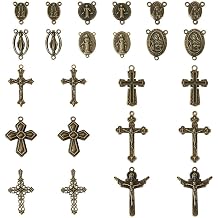 Pandahall 48Pcs Tibetan Rosary Cross Charms Our Lady Miraculous Medal Cross Pendants Oval Chandelier Links with Jesus Virgin Mary Crucifix Charm Pendants for Rosary Bead Necklace Jewelry Making