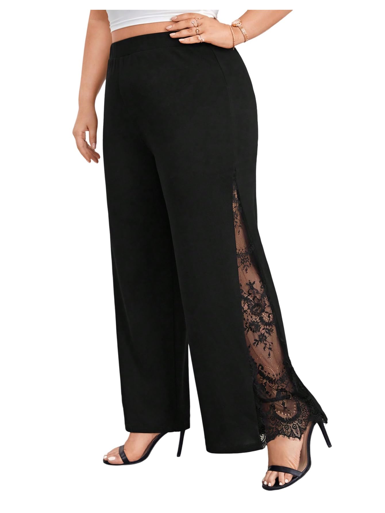Floerns Womens Plus Size Floral Lace Wide Leg Pants High Waisted Casual Trousers