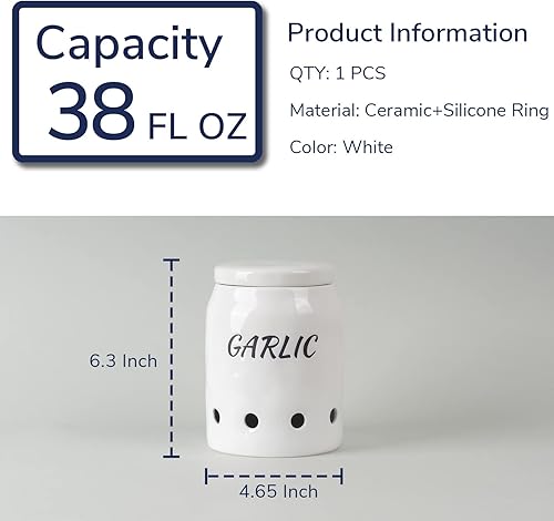 Miniatura 2 de Tanirapel Garlic Keeper de cerámica, protector de ajo blanco con tapa de porcelana, recipiente de ajo para cocina, tarro de ajo, blanco