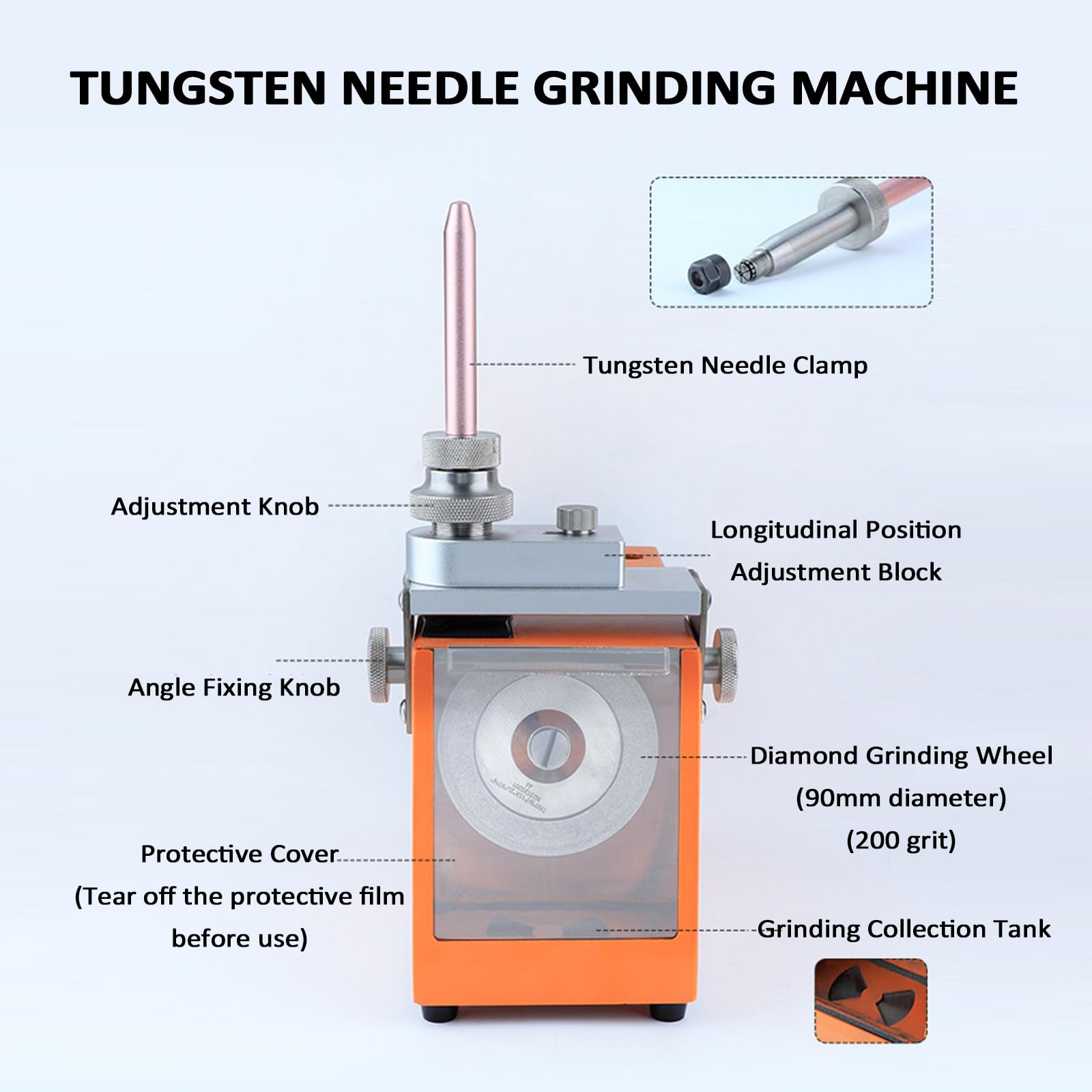 Afilador de electrodos de tungsteno para soldadura TIG, rueda de grano 200, ángulo ajustable de 0-60°, ideal para aplicaciones de metalurgia