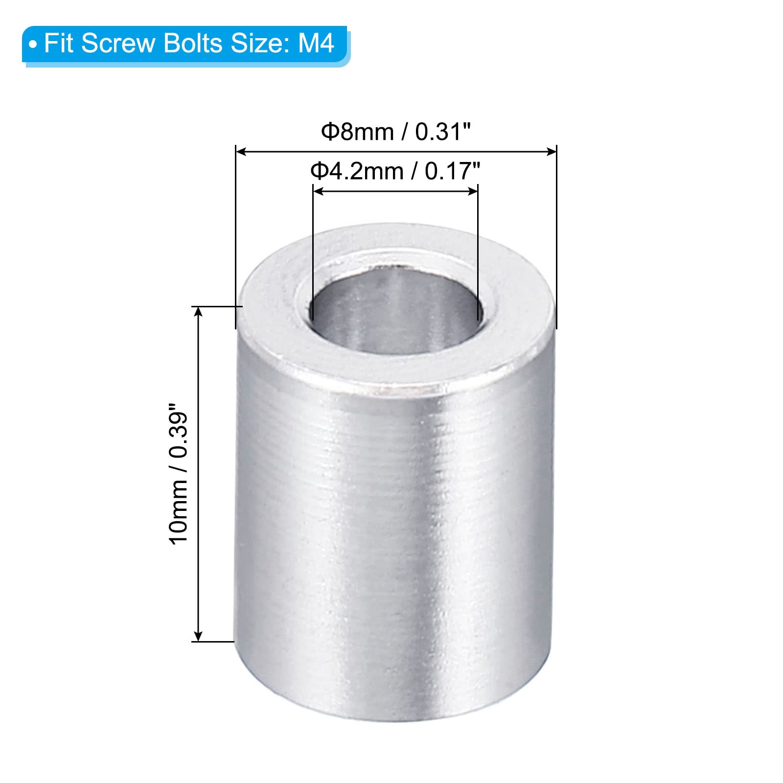 PATIKIL M4 Aluminum Spacer, 20 Pack 4.2mm ID x 8mm OD x 10mm L Spacer Plain Finish Spacer Fit for M4 Screw Bolt - Image 2
