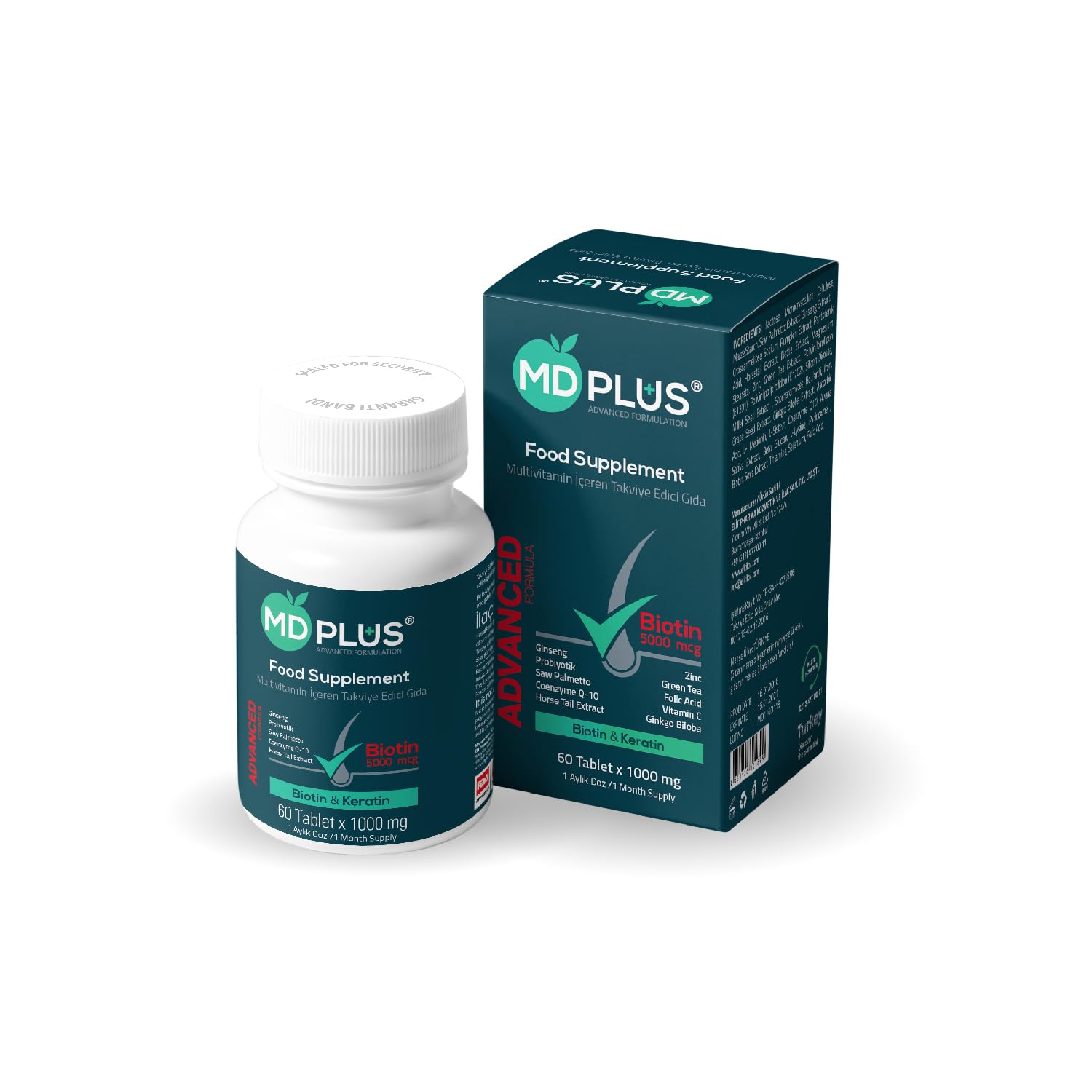 MD Plus Hair Growth Multivitamin Tablets (Biotin, Keratin & Saw Palmetto) - Designed for Hair Loss Treatment - Thickens Hair - Balances Diet to Help Block DHT