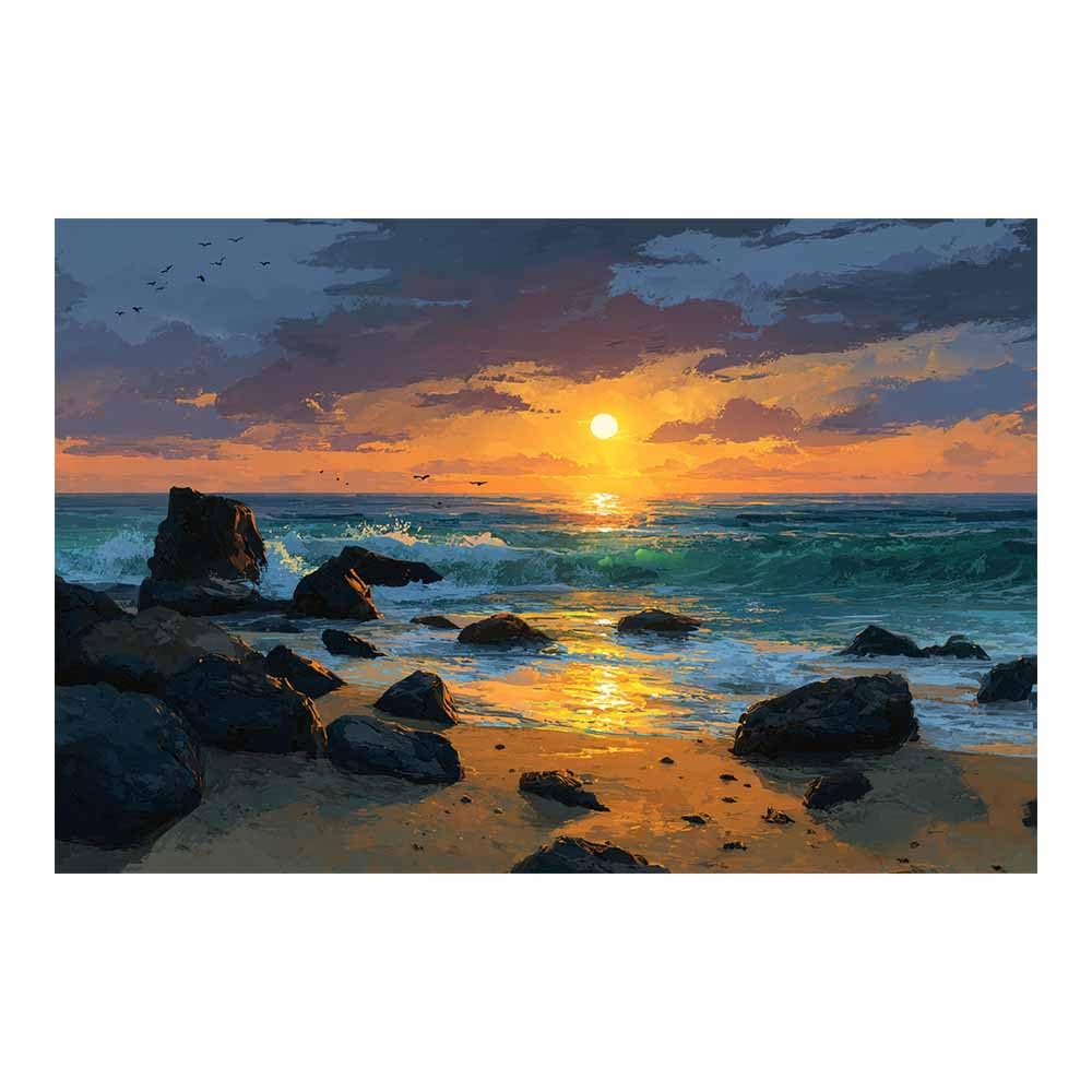 HOQIU Vintage wall art Rocky's Ocean Sunset decorative painting, wall art, for Living Room Bathroom Bedroom Kitchen Decoration.(Multicolor)-30x40cm Unframed
