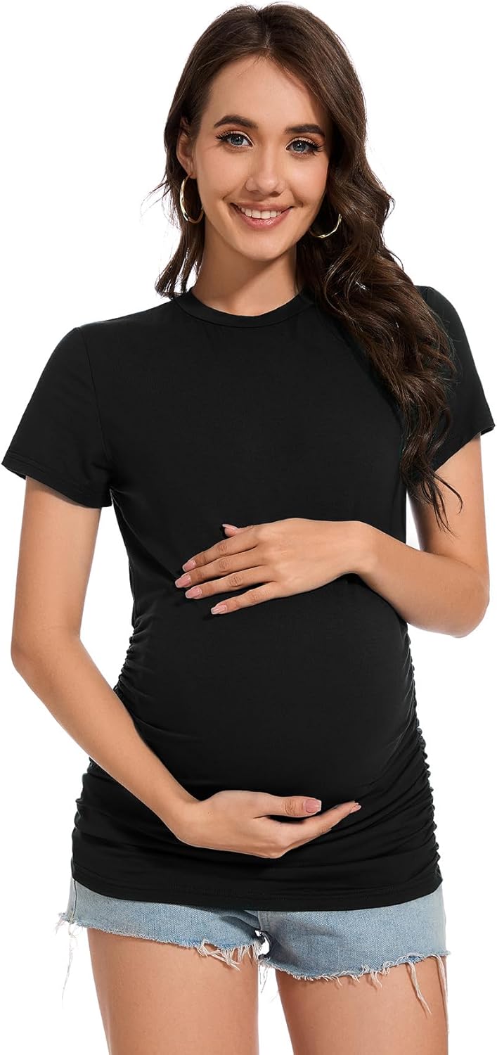 Smallshow Women's Maternity Shirts Crew Neck Short Sleeve Pregnancy Clothes 3 Pack - Image 3