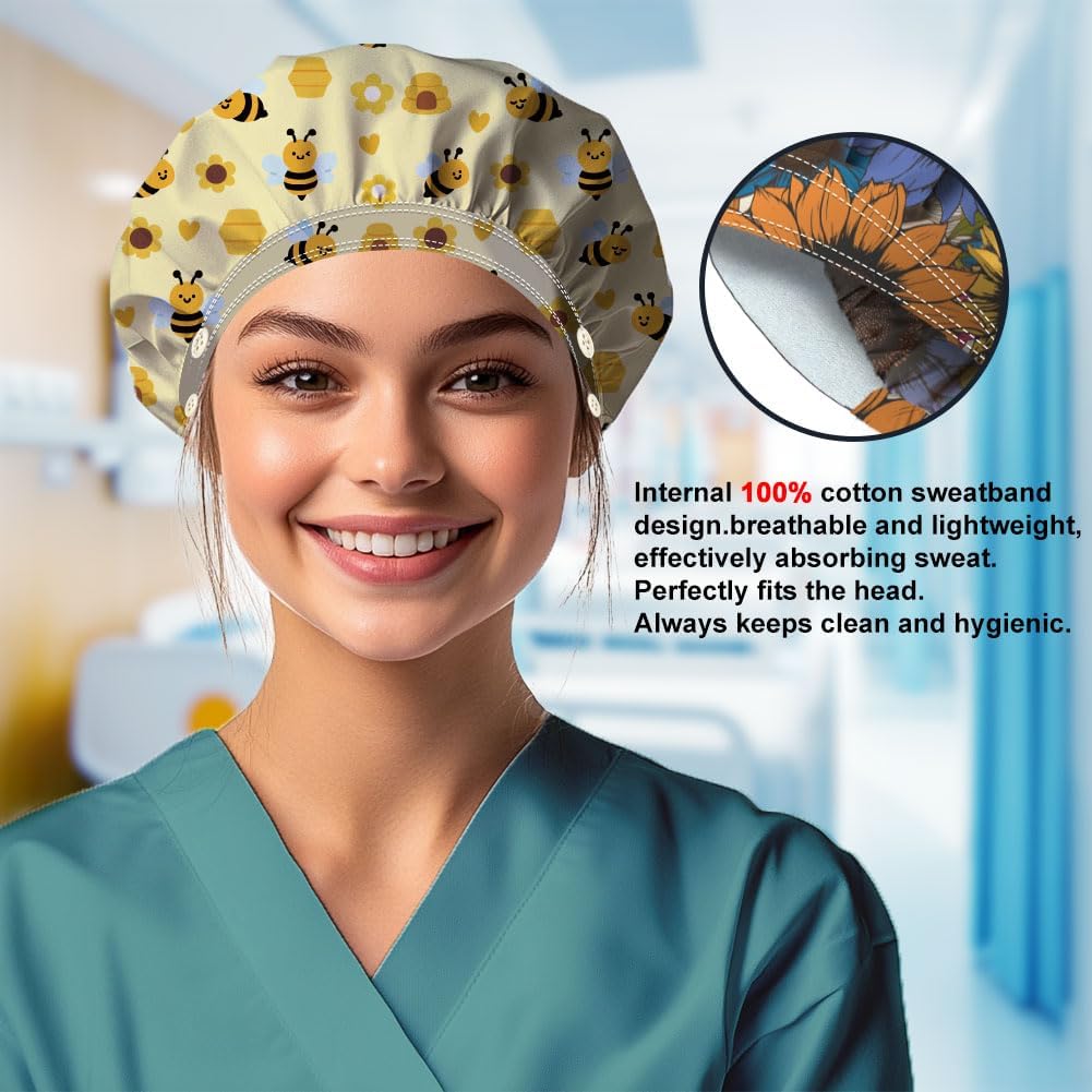 Scrub Caps with 4 Buttons Cotton Nurse Cap Elastic Surgical Hats with Sweatband Cap for Cooking Cleaning