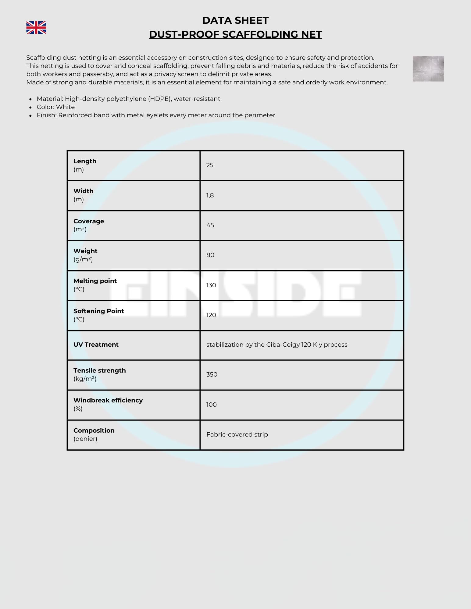 EINSIDE Rete per ponteggio antipolvere (80 g/m²) 1,8 x 25 m, Bianca 5 pezzi | Telo ombreggiante con fascia di rinforzo con occhielli metallici