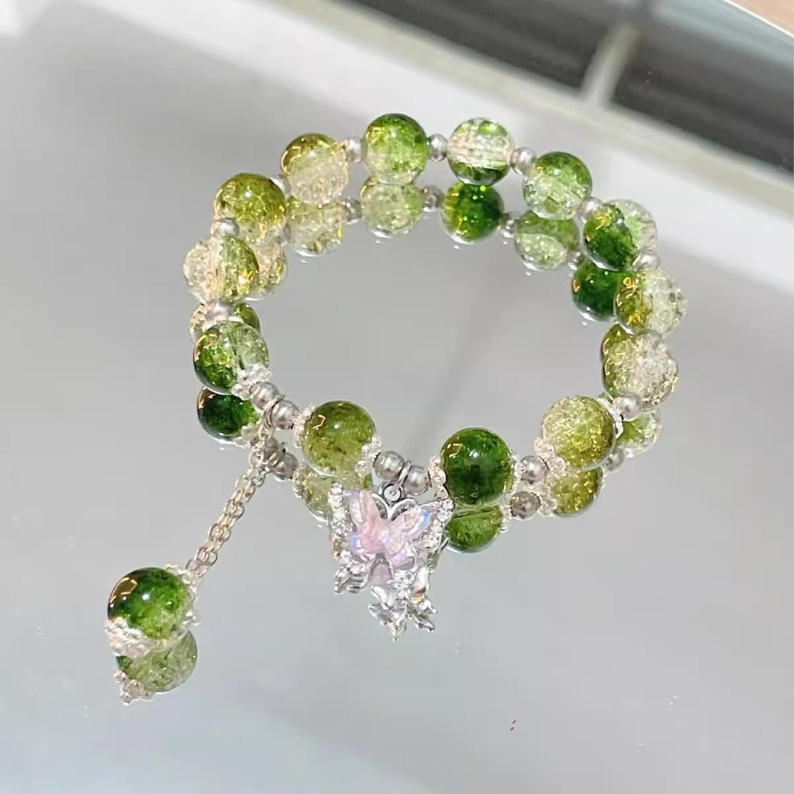 Crystal Butterfly Floral Charm Bracelet for Women, Elegant Adjustable Stretch Bracelet with Butterfly & Flower Beads, Dainty Bohemian Beaded Jewelry Gift