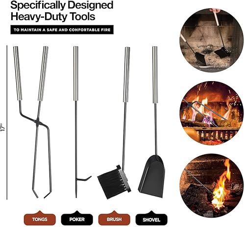 Miniatura 2 de Home-it Estante para leña  Soporte para leña al aire libre de 2 niveles  4 ganchos colgantes para juego de herramientas de chimenea póquer pinzas