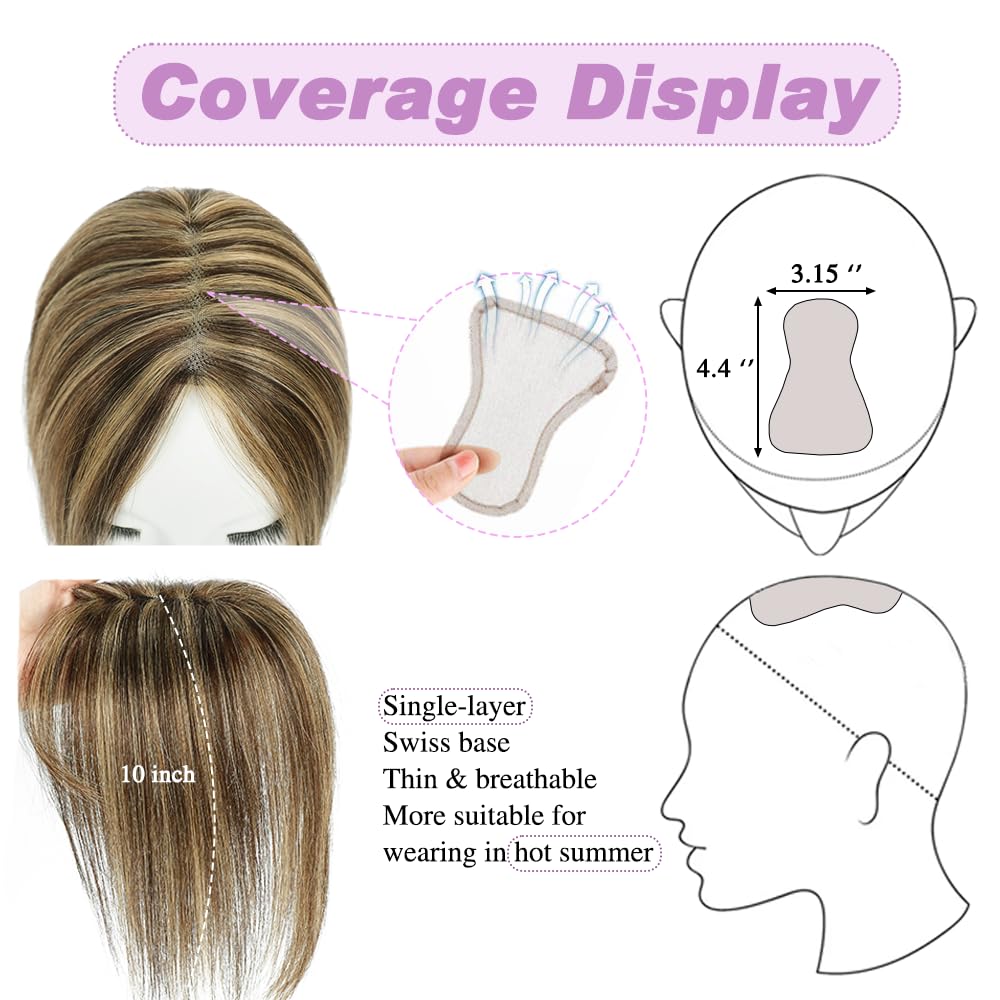 Lagomance Hair Toppers with Thinning Hair 100% Real Human Topper for Women 10 inch Medium Brown Mix blonde Hairpieces for Women 120% Density top toppers Hairpieces for Thinninghair#427 - Image 3