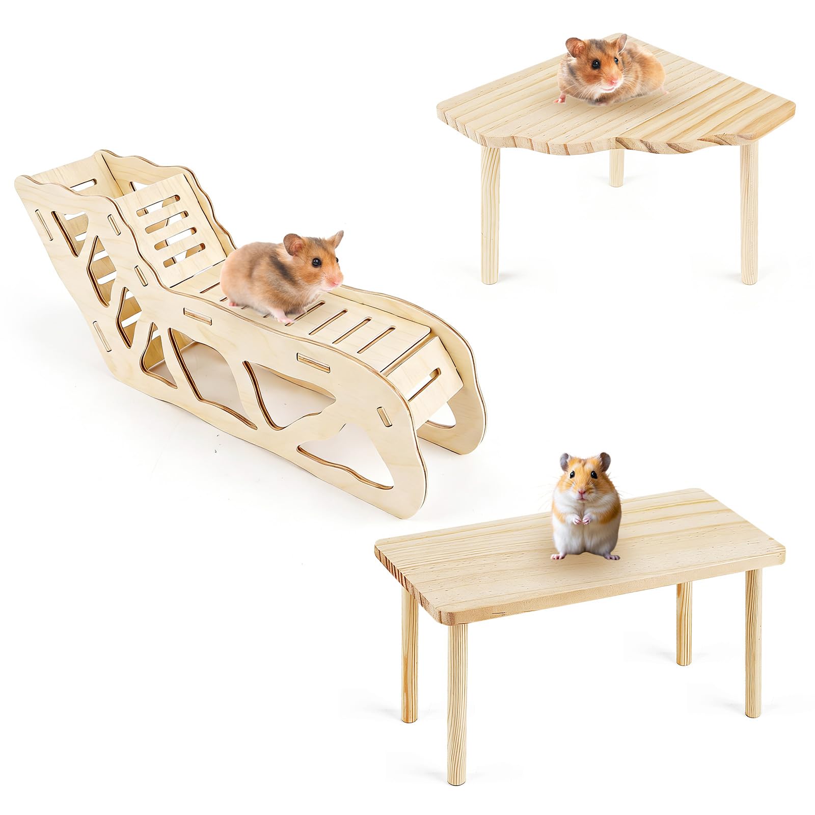3PCS Hamster Platforms Wooden Hamster Climbing Toy with Ladder Tunnel Hamster Cage Accessories for Hamsters Gerbils Guinea Pigs Small Pets