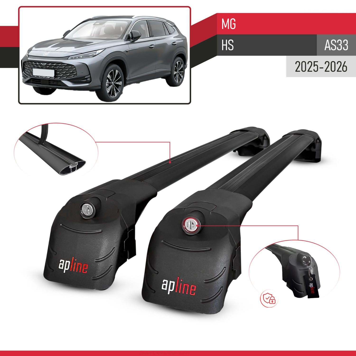 Kompatybilny z MG HS (AS33) 2025-2026 ACE-2 model bagażnik na relingi, bagażnik dachowy, bagażnik samochodowy, czarny, aluminium, 2 drążki