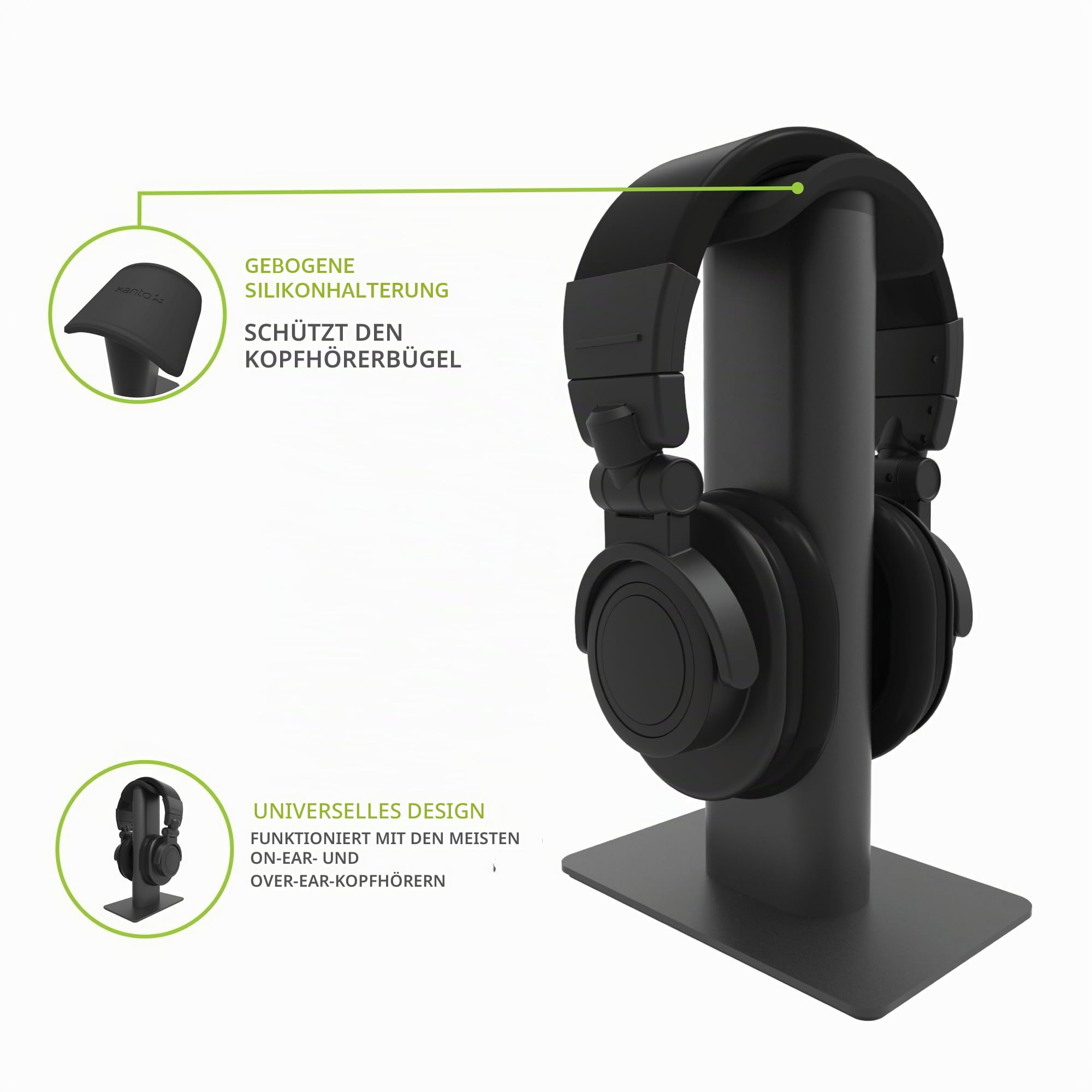Kanto H2 Desktop Headphone Stand | Supports 10 kg | Curved Silicone Design Prevents Indents | Black