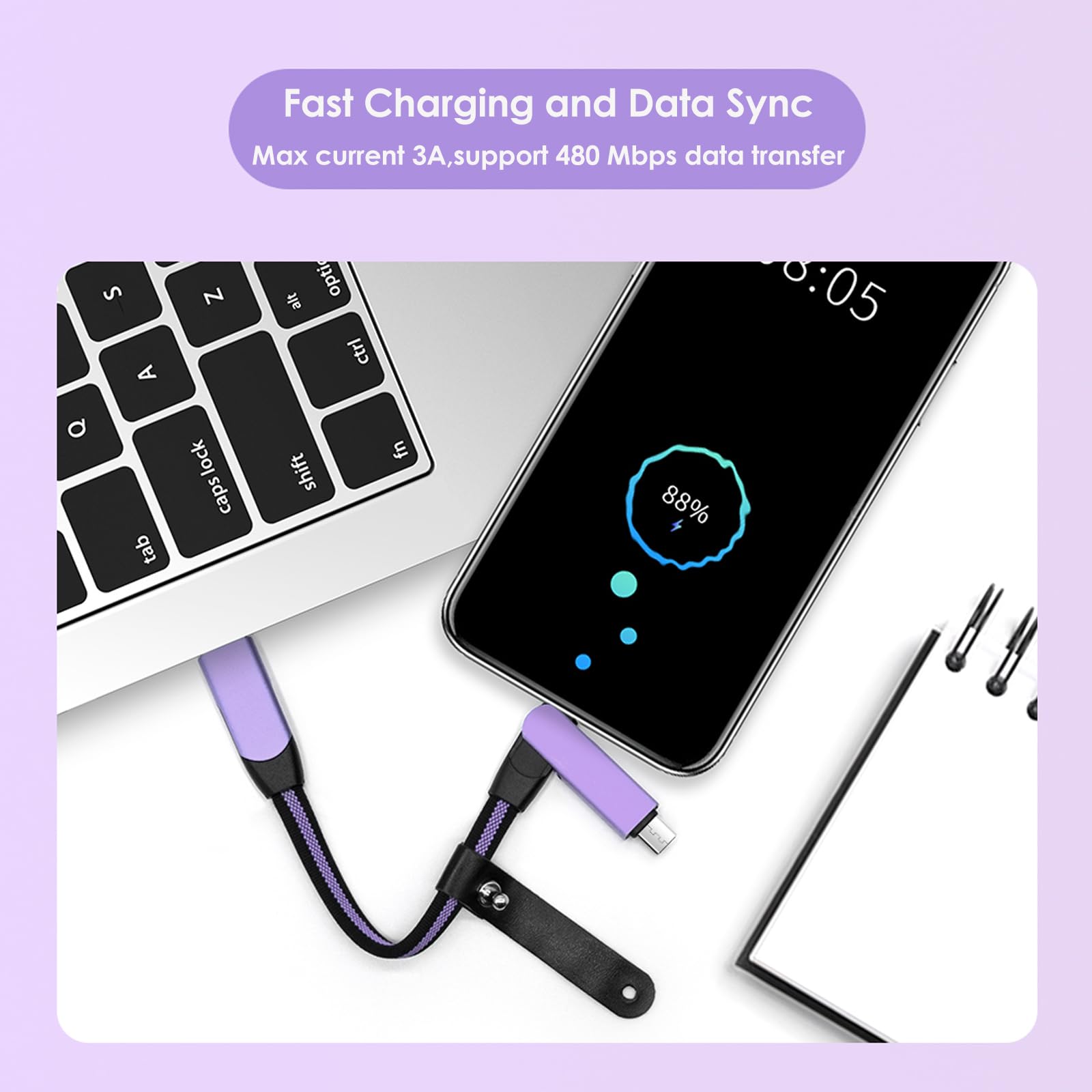 Câble de charge multiple USB C court, PD 60 W 3 A, charge rapide, porte-clés USB C pour voyage, câble de charge universel pour téléphones portables et plus (bleu)