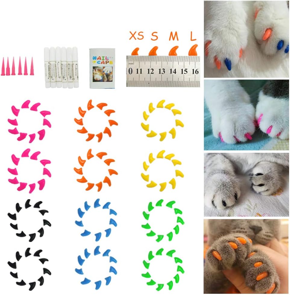Dadiii Cat Nail Caps 120PCS Soft Claws Paws Grooming Covers for Pet Cat Kiteen to Protect Furniture 6 Colors + 6 Pcs Adhesive Glue and Applicators (S)
