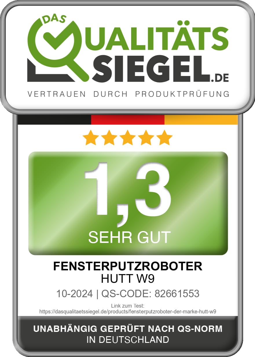 Hutt W9 Fensterputzroboter mit 150ml Panorama-Tank (3800Pa Saugleistung, Kanten- und Hinderniserkennung, Für Glas, Fliesen, Wintergärten, Spiegel etc, 13 Sensoren, Sicherungsseil, 4X Reinigungstuch)