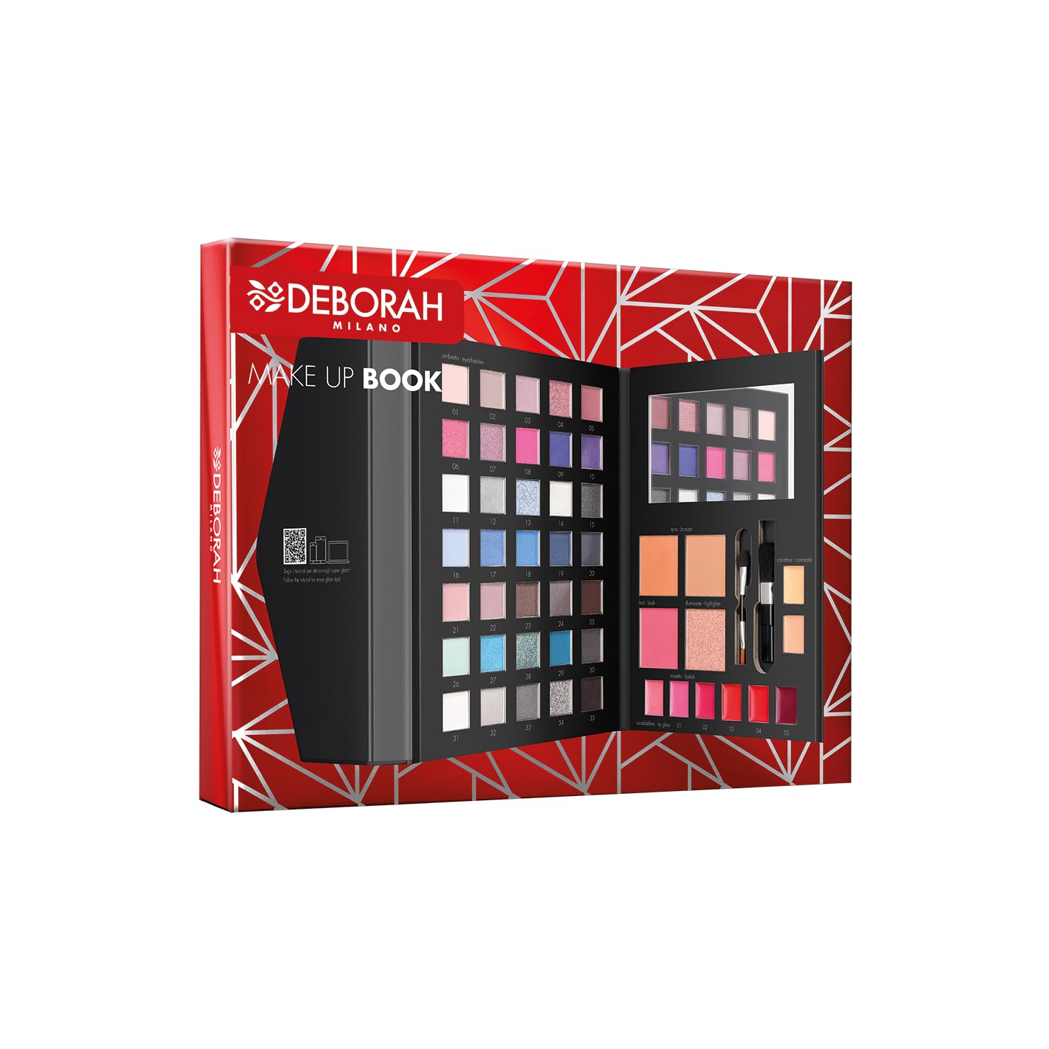 Deborah Milan Trousse cadeau pour femme, livre de maquillage, volume 3 tons froids, comprend des palettes de fard à paupières, brillant, rouge à lèvres et poudres pour le visage de différentes