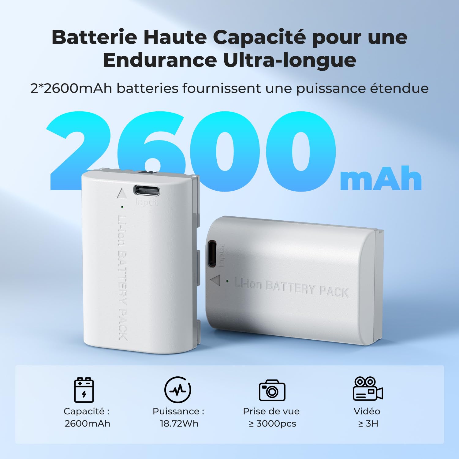 K&F CONCEPT LP-E6NH Batterie de rechange 2600 mAh compatible avec Canon EOS 90D/80D/70D/5D Mark II III IV/5DS SR/6D/6D Mark II/R5 R6 R6 II R7 (2 batteries)