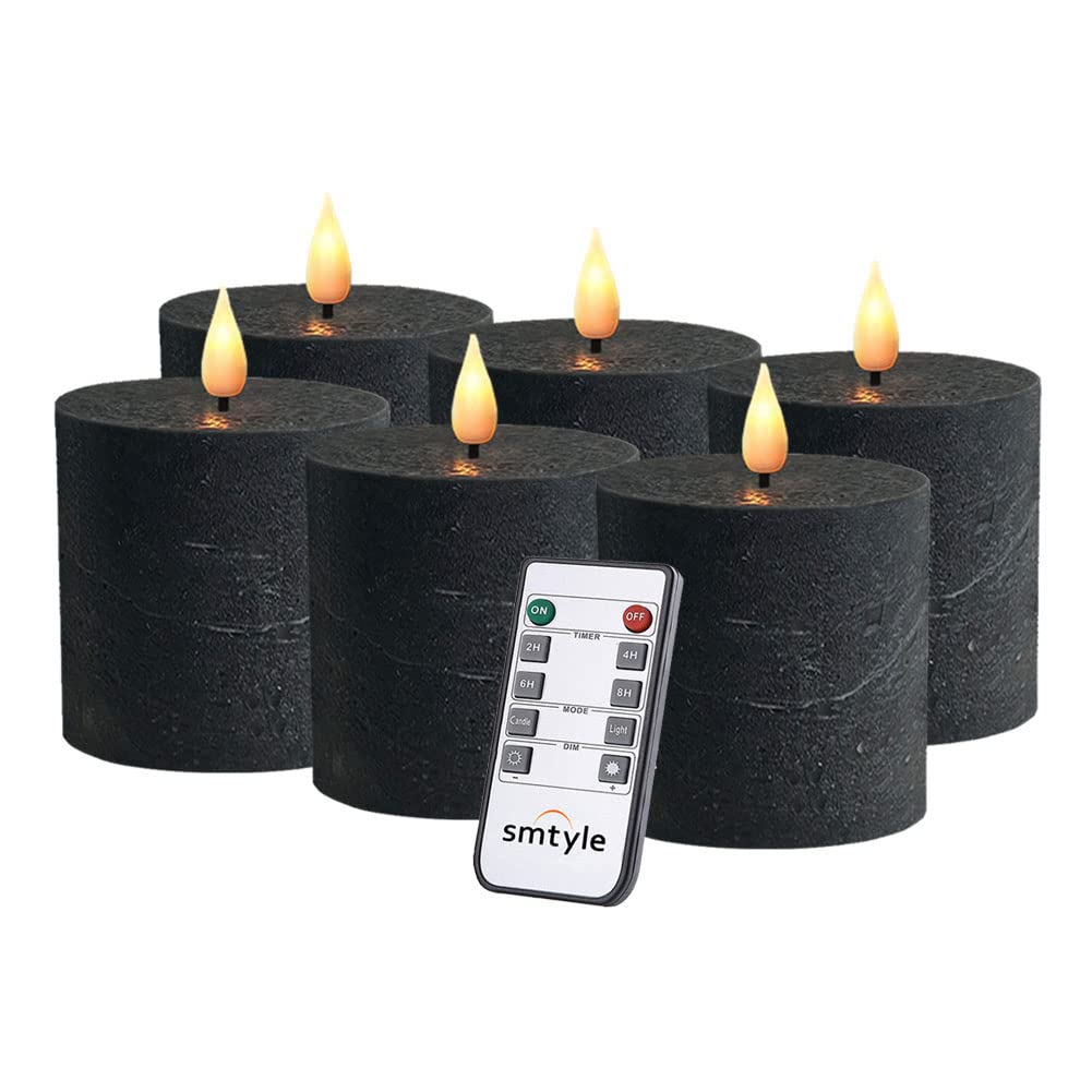 smtyle Black Fllickering Flameless Candles Home Decor Battery Operated with None-Moving Flame Wick LED Pillar Candle 3 x 3 inch Set of 6
