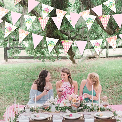 Image of Spring Tea Party Decorations Pink and Gold Floral Flower Butterfly Teapot Teacup Plaid Paper Triangle Flag Pennant Banner Bunting for Spring Birthday Wedding Bridal Baby Shower Engagement Tea Party