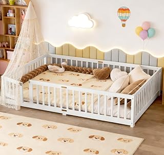 Bellemave Queen Size Montessori Floor Bed with Rails, Pine,Montessori Floor Bedwith slats and a Small Door, White