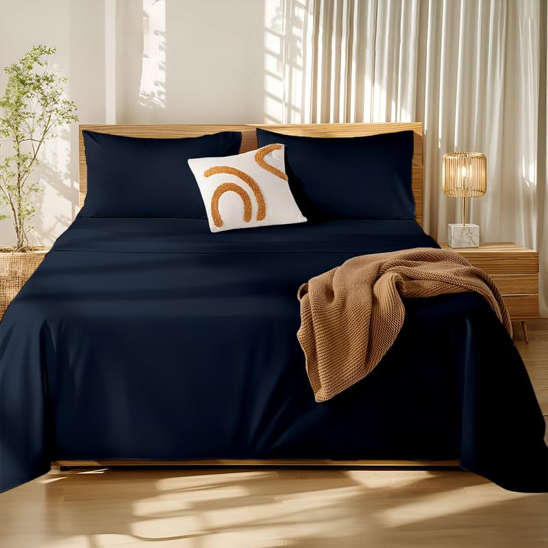 Image of Microfiber Single Bed Sheet - Solid Color, Ultra-Soft Bedsheet for Bedroom, Lightweight Plain Bedsheet for Single Bed 60x90 Inch, Navy Blue