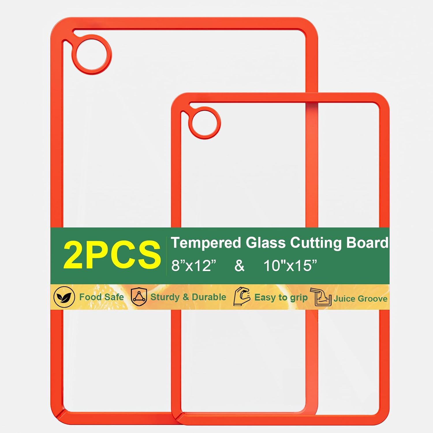 Tempered Glass Cutting Board for Kitchen with Juice Groove, Non-Slip Silicone Edges, Non-Toxic & Dishwasher Safe Glass Cutting Board with Hanging Hole (2 pcs Red)