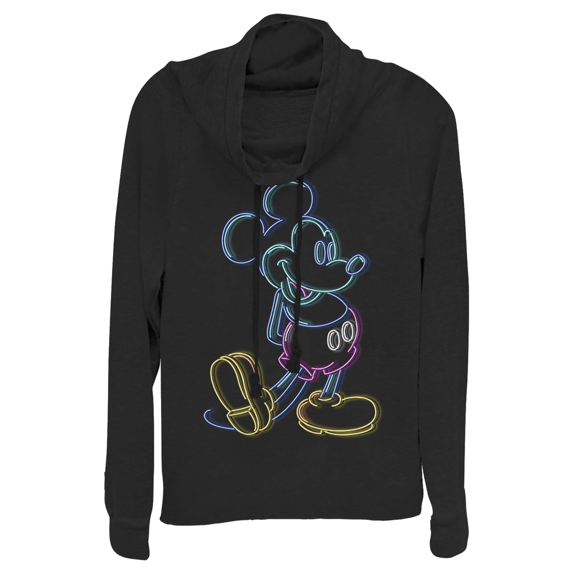 Junior's Mickey &amp; Friends Bright Neon Mickey Mouse Outline Cowl Neck Sweats