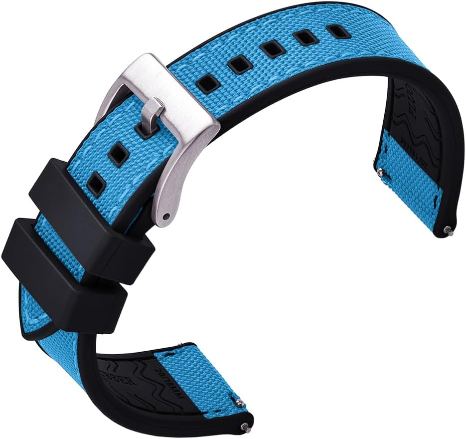 Premium Upgrades Soft Hybrid (Fkm/Fpm Rubber and Sailcloth) Watch Bands for Men,20mm 22mm Waterproof Quick Release Replacement Watch Straps,Silver/Black/Gold/Rose Gold Brushed Buckle