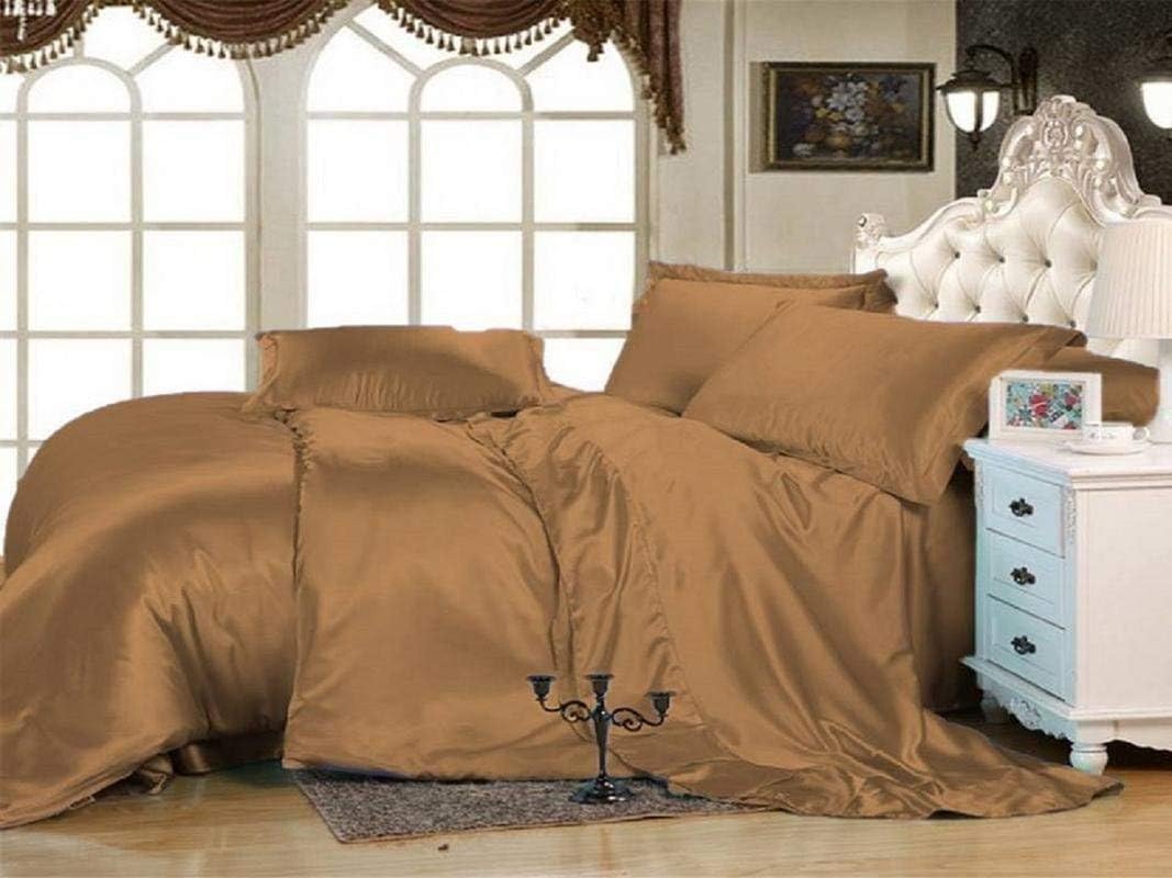5Pc Silk Satin Comforter Set 1-Piece Quilted Box Stitching Comforter with 4 Pillow Case 300 GSM Microfiber Fill (Full/Queen 88''x88'', Taupe)