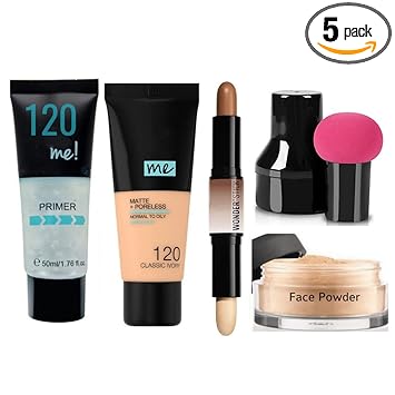 Professional primer, foundation, 2 in 1 contour stick, face powder & blender. Combo (set of 5)