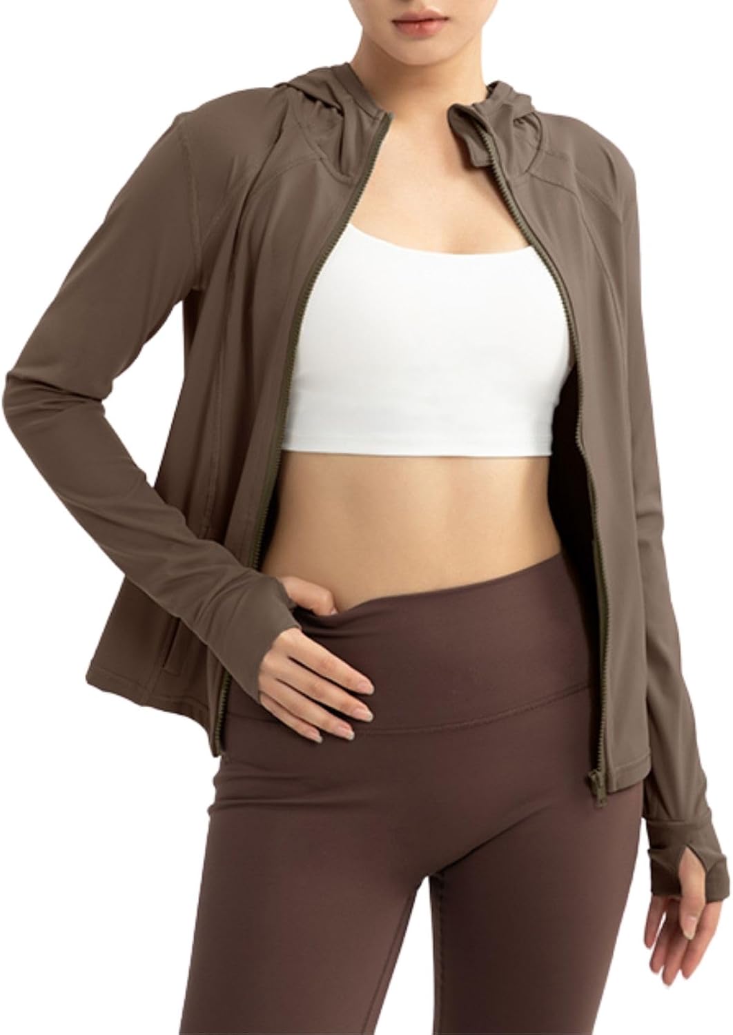 happlan Women's Lightweight Full Zip Hoodie Jacket Sportswear Hooded Workout Track Running Jacket with Zip Pockets