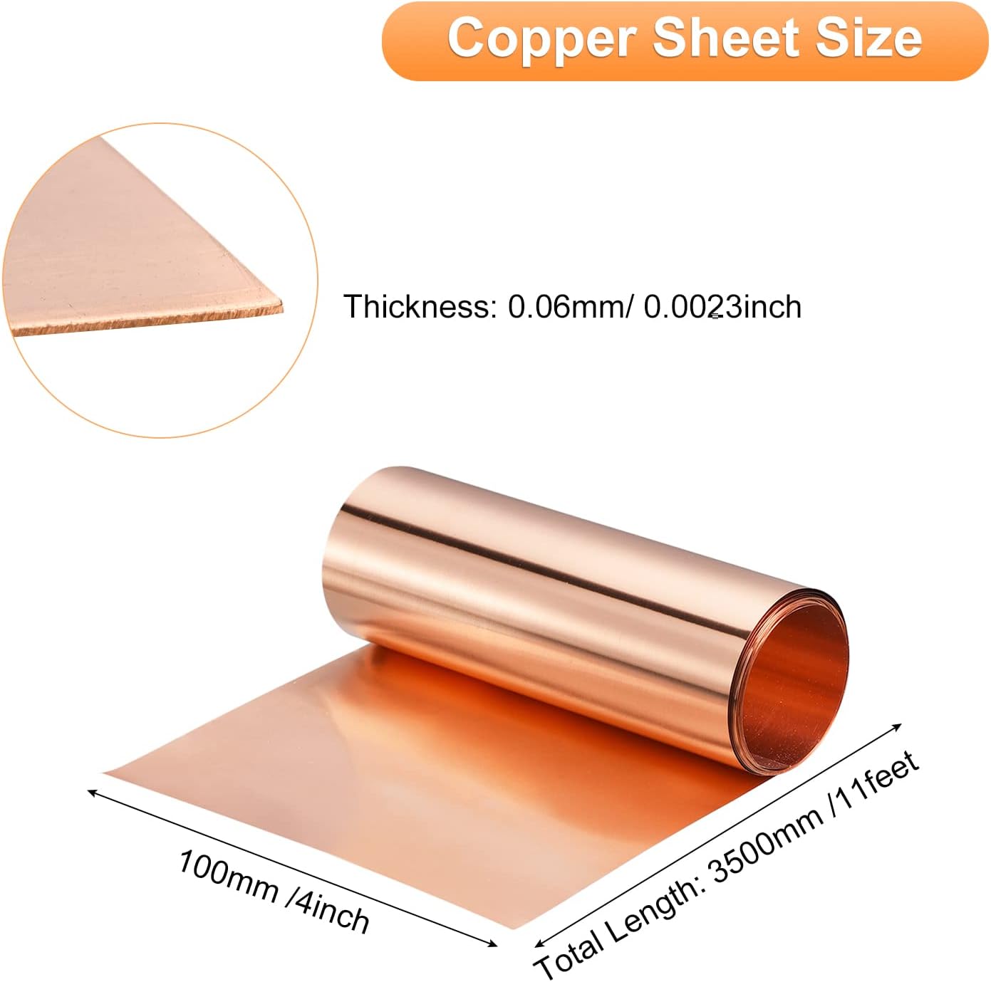 uxcell Copper Flashing Sheet Roll 3500mm x 100mm x 0.06mm, 99.9% Pure Copper Strip 4" x 11.5ft 23 Gauge Metal Foil Plate for Electricity DIY Projects