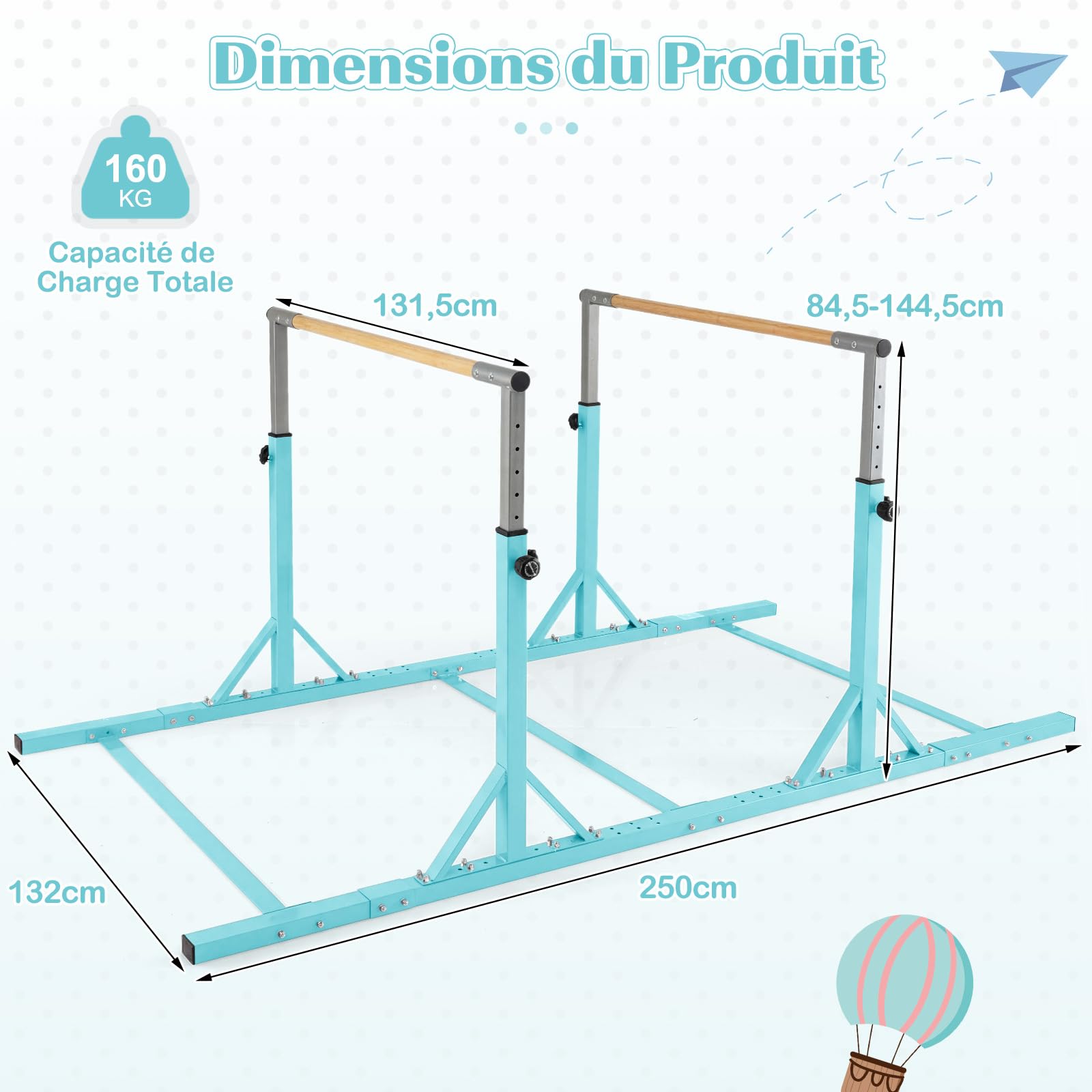 COSTWAY Barres Parallèles de Gymnastique Hauteur Réglable 13 Niveaux, Double Barre Gymnastique à Largeur Réglable Charge Total 160KG, Entraînement pour Enfants 3 Ans+ (Vert)