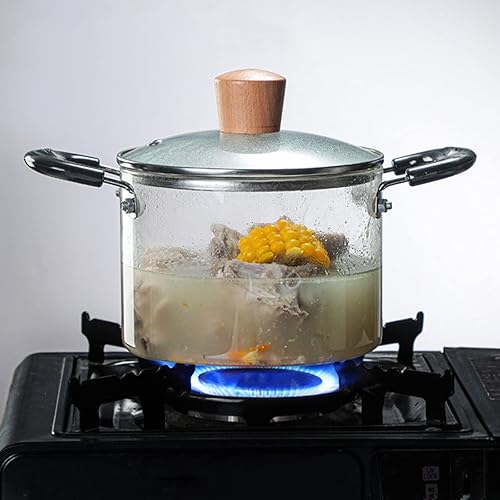 Miniatura 4 de Cacerola de vidrio con tapa, resistente al calor, olla de cocina de vidrio de borosilicato de madera con doble asa, cristalería transparente para
