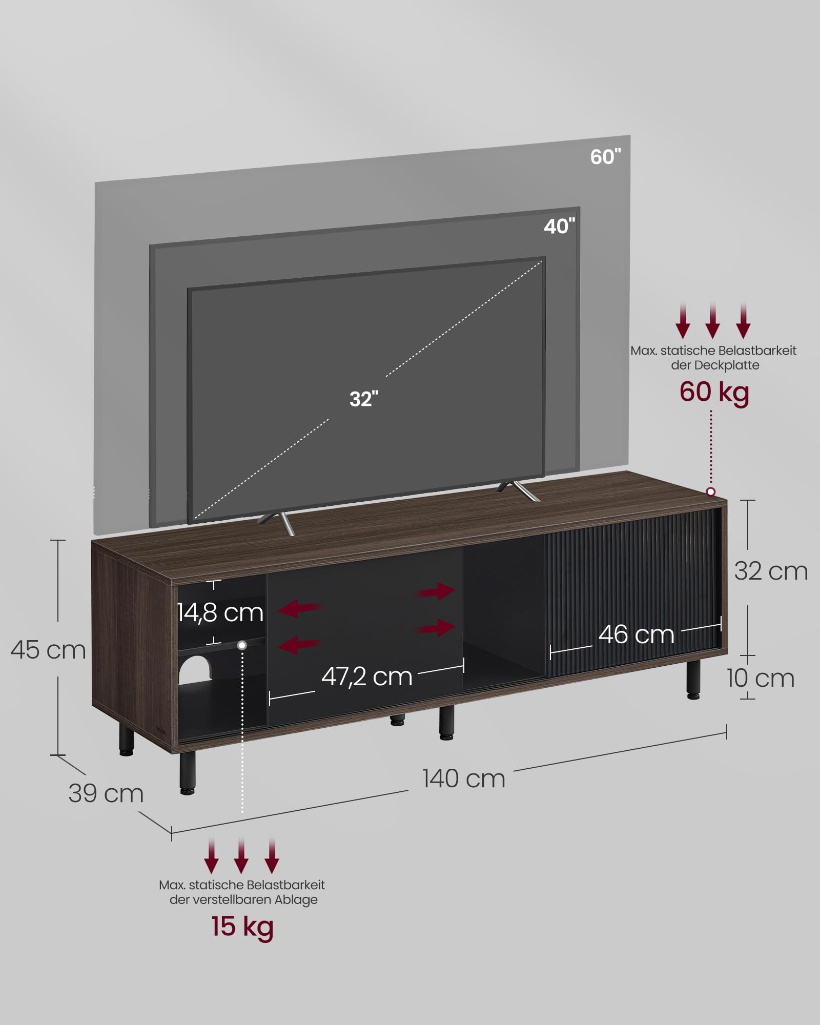 VASAGLE TV-Schrank Lowboard, Snapsemble – superschnelle Montage, Fernsehtisch für Fernseher bis 32/45/50/55/60 Zoll, Modernes Design, Wohnzimmer, Riffelglas, 140 x 39 x 45 cm, Schwarz LTV466K02