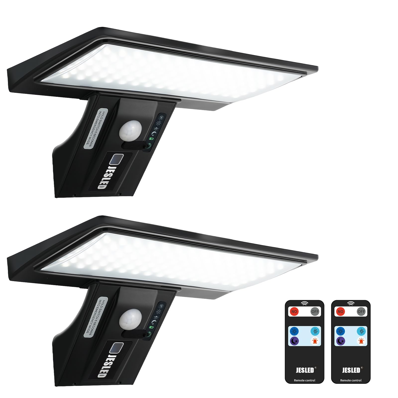 JESLED Solar Lights Outdoor, 2 Pack 90 LED Solar Motion Sensor Security Lights Waterproof 2600mAh,USB Charging, for Garden Fence Door Yard Garage Pathway