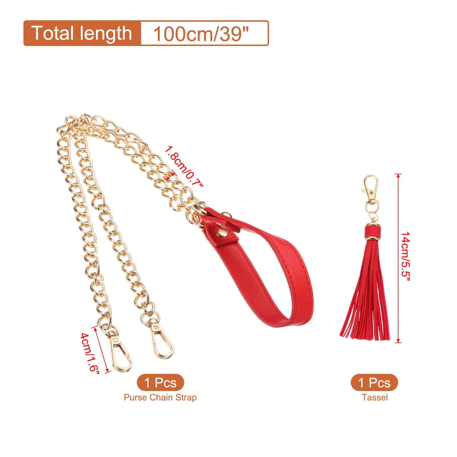 PATIKIL Purse Chain Strap, 39 Inch Leather Chain Straps Purse Strap Replacement with Tassel for Crossbody Bag Handbag Woman Red/Gold - Image 2