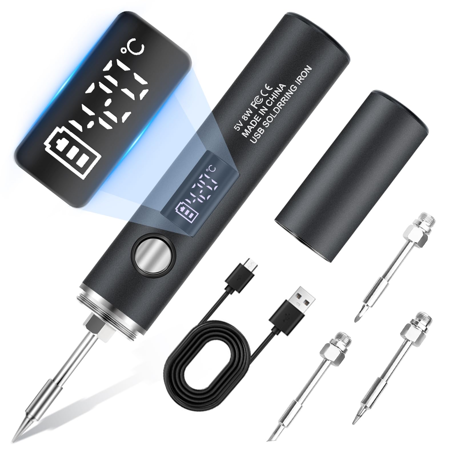 KKMOL Kit de soldador de batería, soldador USB recargable con pantalla LCD y modo de iluminación, 5 temperaturas ajustables de 260 ℃ a 450 ℃, kit completo profesional y seguro - Negro
