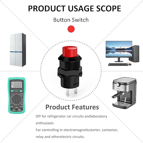 Miniatura 5 de 20 unids SPST tipo de bloqueo interruptor de botón apagado/encendido AC 250V/1.5A 125V/3A tapa roja