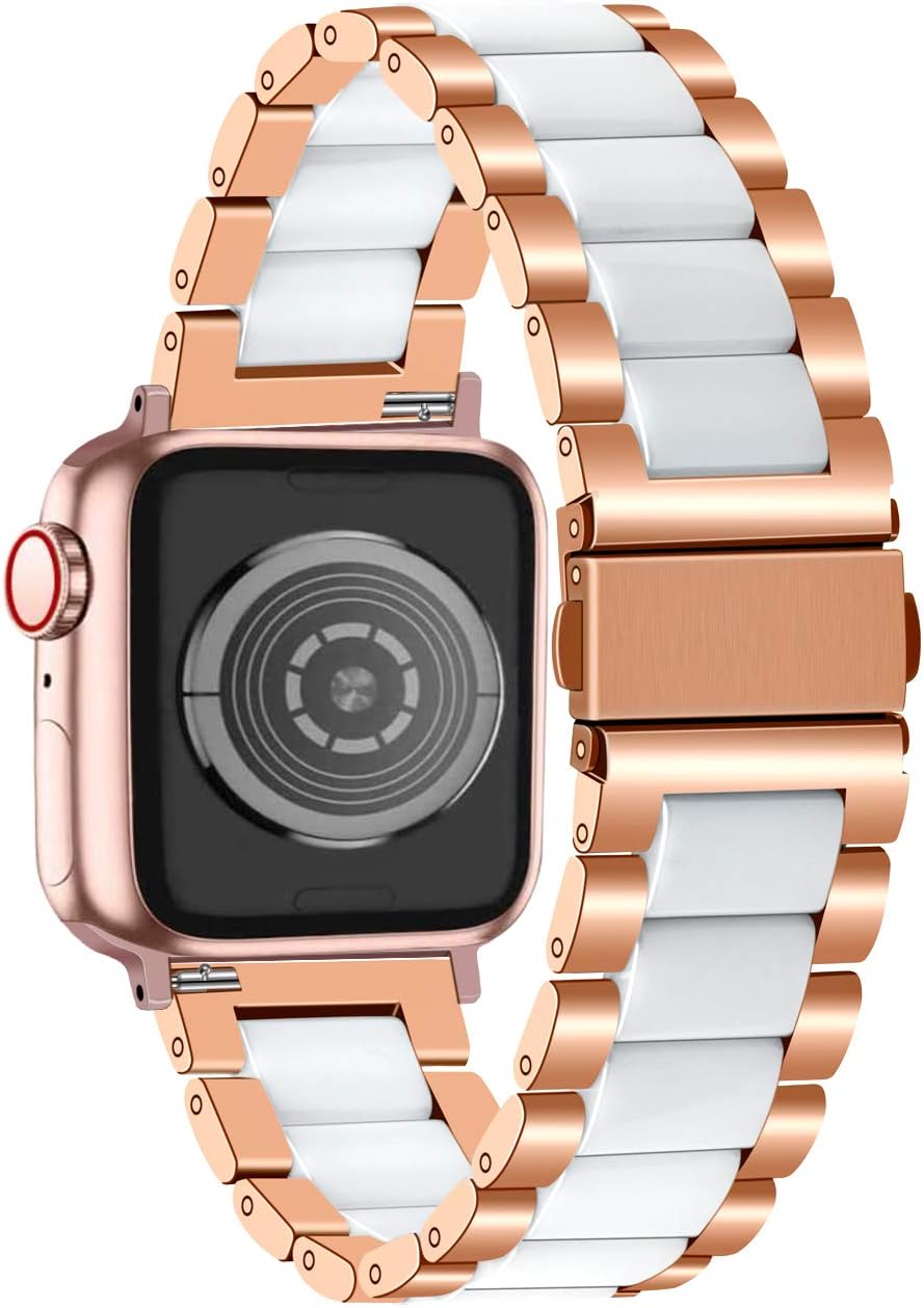 Juntan Ceramic Watch Band Compatible for Apple Watch 38mm 40mm 41mm 42mm 44mm 45mm 49mm Metal Quick Release Watch Bracelet for iWatch Series 10 9 8 7 6 5 4 3 2 1 SE Rose Gold White Replacement Strap Women