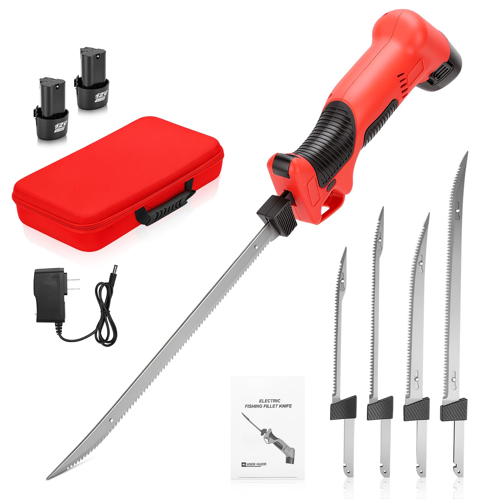 Elektromesser Kabellos Elektrisches Messer Filetiermesser mit 4 Hochkohlenstoffstahl Klingen 26–39cm 2 Akku Rutschfester Griff Sicherheitsschalter Angelbedarf Camping Set mit Koffer