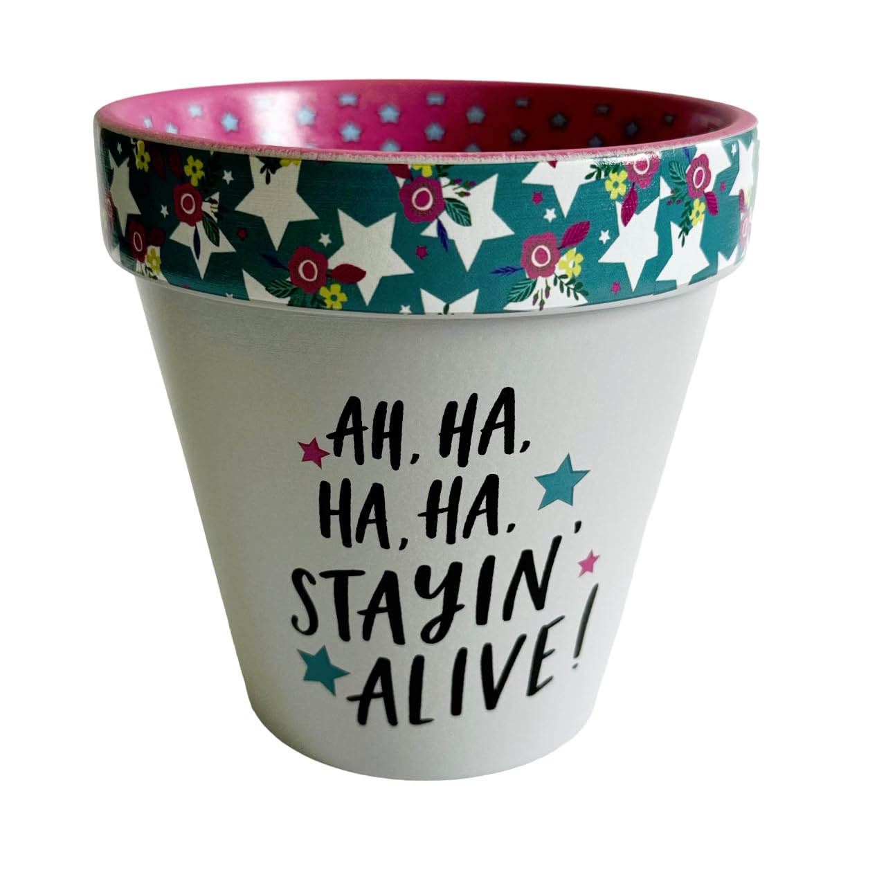 WPL Gifts Love Plants Small Flower Planter Pots - Fun Quotes & Humour in Pastel Colours - with Optional Coaster Add On - Perfect Floral Home Decor (Stayin Alive!)