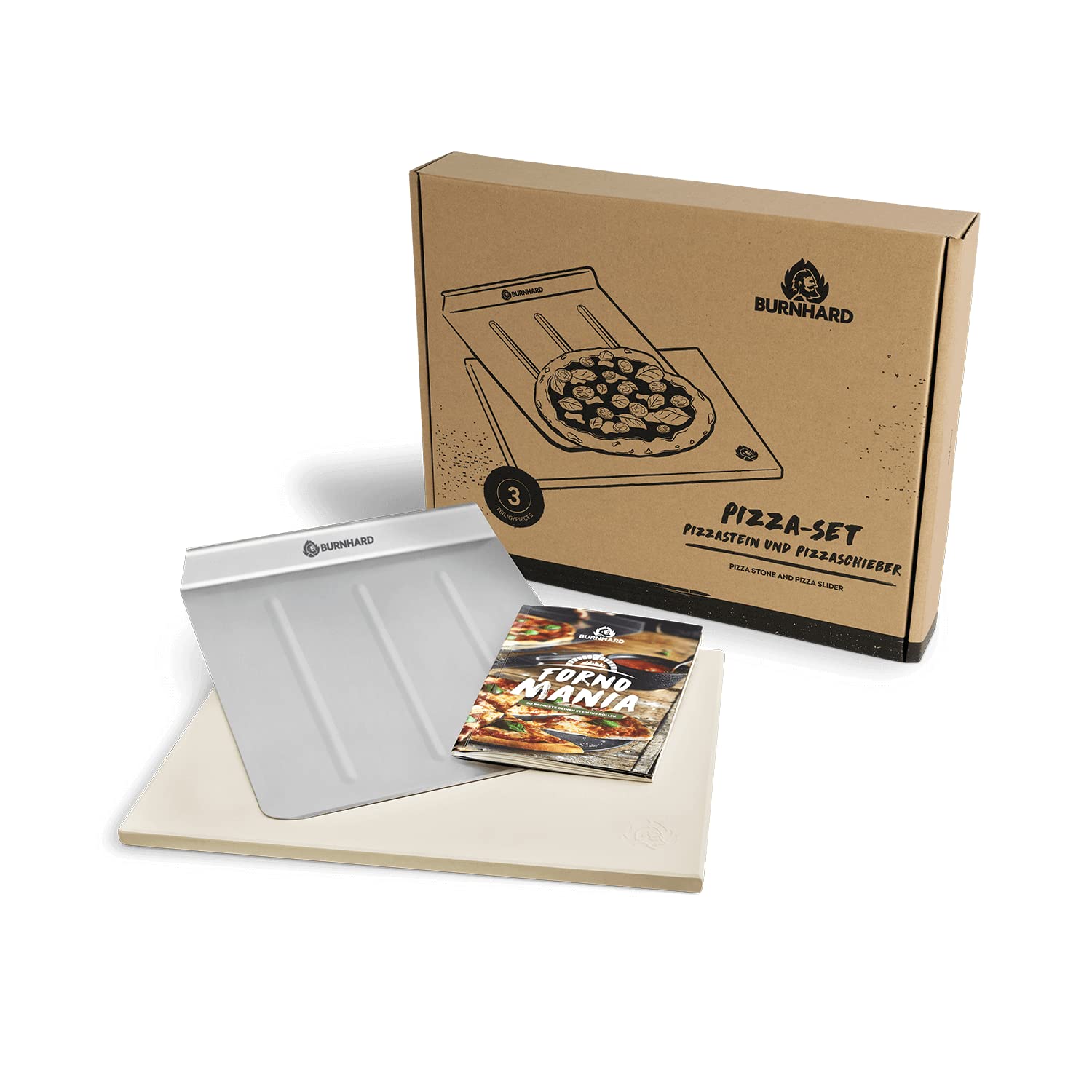 BURNHARD® Pizzastein und Pizzaschaufel für Backofen, rechteckig - 38 x 30 x 1,5 cm