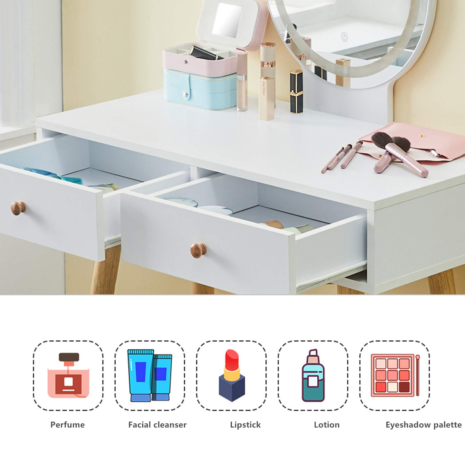 TUKAILAi Tocador Blanco con LED de Brillo Ajustable, Luces táctiles, Espejo, Taburete y 2 cajones, Juego de tocador, Mesa de Maquillaje, cosméticos, tocador, Muebles de Dormitorio