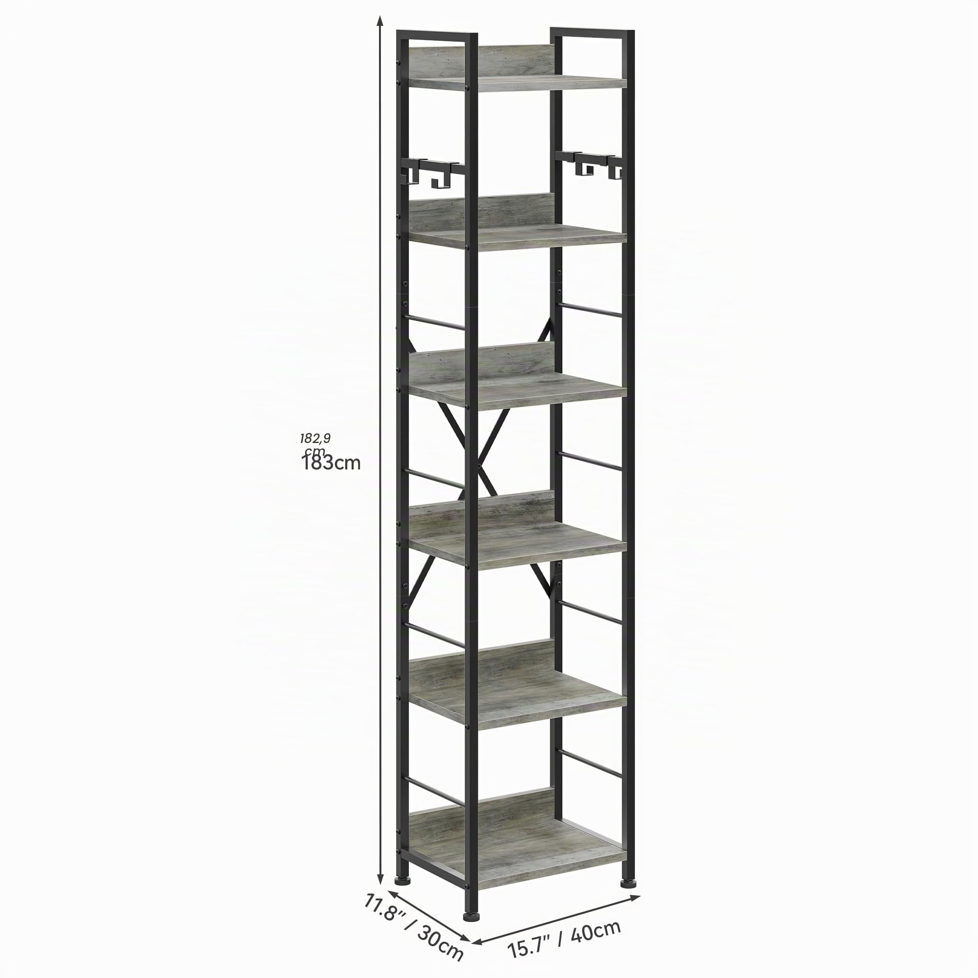 YITAHOME Estantería de 6 Niveles, Librería de Piso con 4 Ganchos, Estante de Madera y Marco de Metal, Estantería Industrial Alta, Almacenamiento para Sala de Estar, Oficina en Casa, Gris